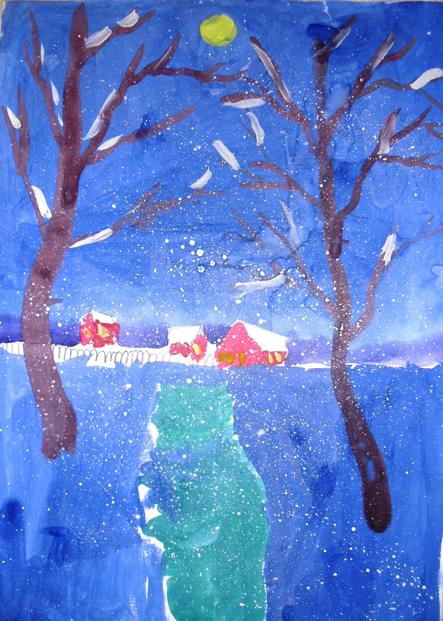 Рисунок 1 снега. Рисование первый снег. Рисование на тему первый снег. Изо 1 класс зима. Первый снег рисунок гуашью.